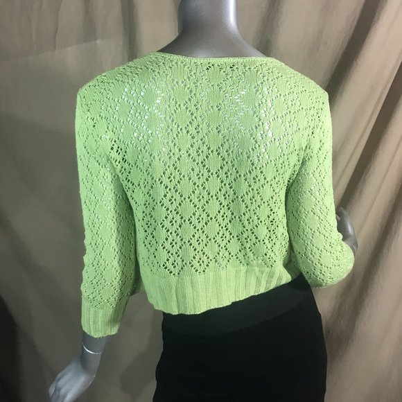 Vintage USA Notations Women's Medium Crop Neon Green Crochet Knit Open Front Car - Picture 6 of 14